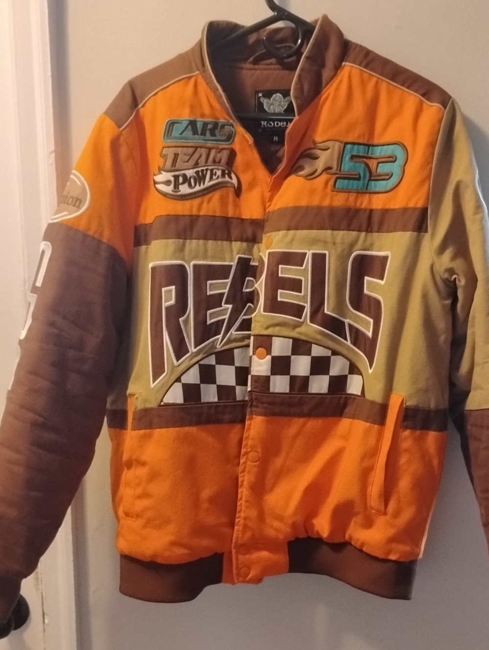 Aeropostale Orange and Brown Rebels Racing Patch Bomber Jacket